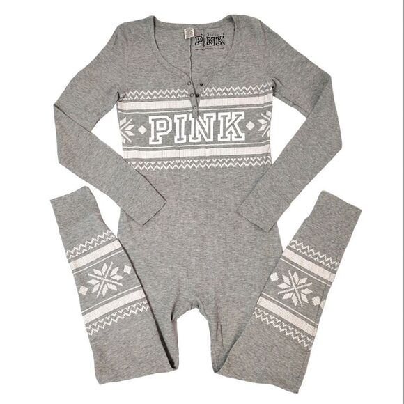 VS PINK Thermal Onesie Pajama M Grey Fair Isle Drop Seat 2016 Limited Rare - Picture 2 of 12